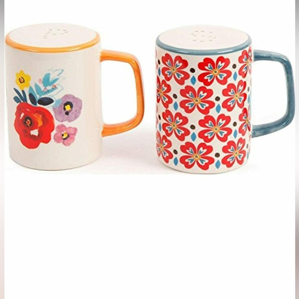 The Pioneer Woman Salt & Pepper Shakers Floral Ceramic Set Red Blue Lot of Two